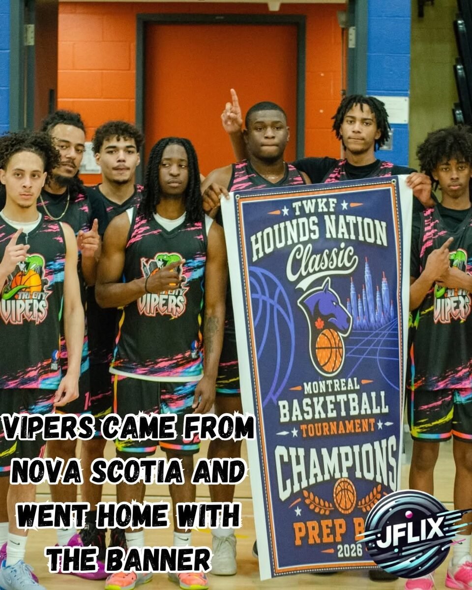 Vipers players holding the Hounds Nation Classic champions banner in Montreal
